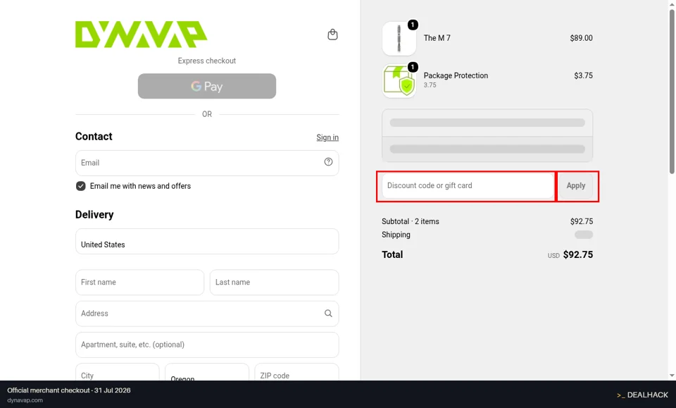 DynaVap checkout page showing the Discount code or gift card field and Apply button