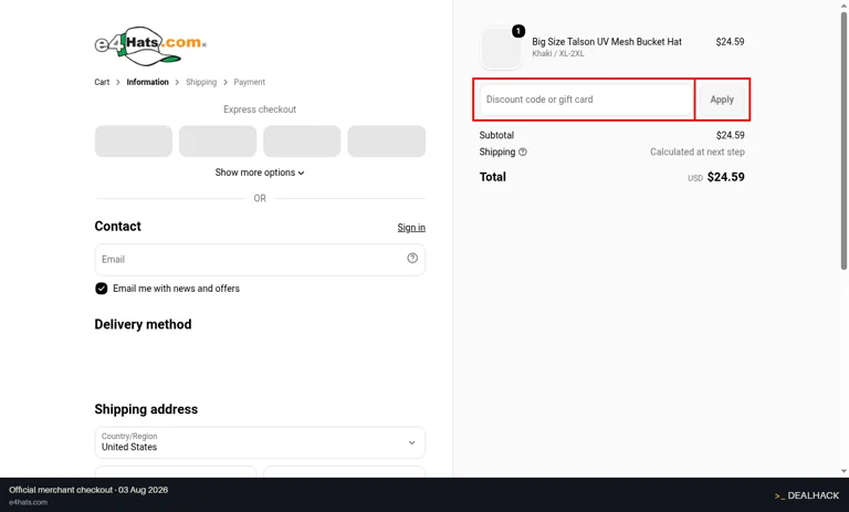 e4Hats checkout page showing the Discount code or gift card field and Apply button