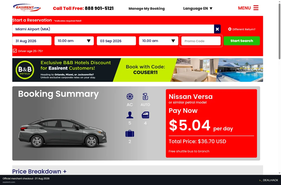 Easirent checkout page showing the Promo Code field and Update Booking button
