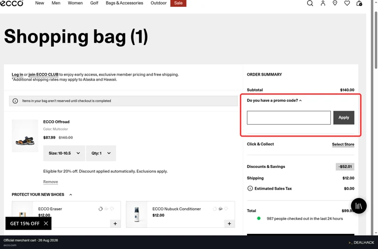 ECCO checkout page showing the Do you have a promo code? field and Apply button