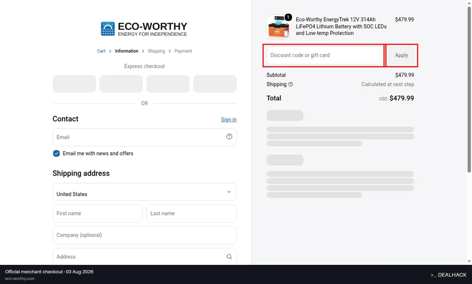 ECO-WORTHY checkout page showing the Discount code or gift card field and Apply button