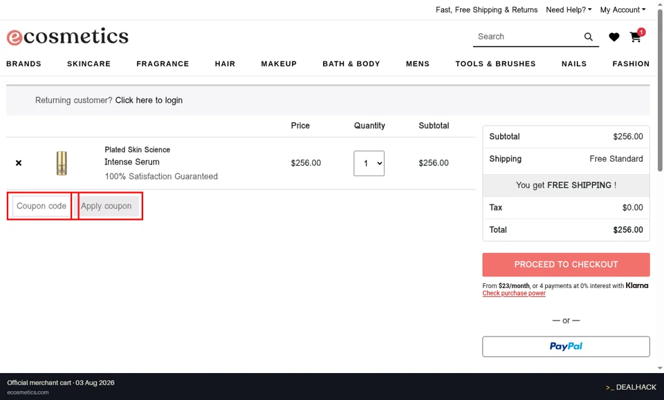 eCosmetics checkout page showing the Coupon code field and Apply coupon button