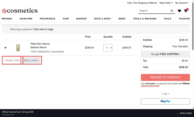 eCosmetics checkout page showing the Coupon code field and Apply coupon button