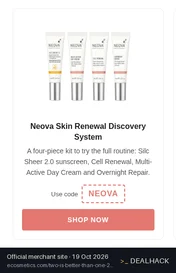 Screenshot of eCosmetics's website on Oct 19, 2026 showing the "Get Buy One, Get One Free on Neova Skin Renewal System" offer