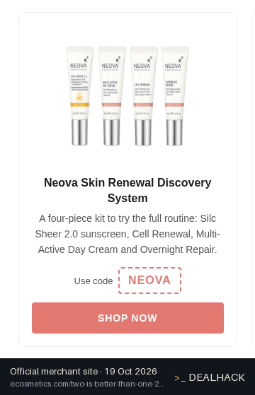 Screenshot of eCosmetics's website on Oct 19, 2026 showing the "Get Buy One, Get One Free on Neova Skin Renewal System" offer