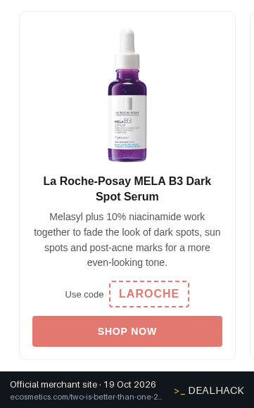 Screenshot of eCosmetics's website on Oct 19, 2026 showing the "Get Buy One, Get One Free on La Roche-Posay Serum" offer