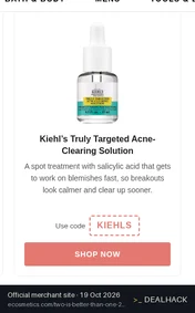 Screenshot of eCosmetics's website on Oct 19, 2026 showing the "Get Buy One, Get One Free on Kiehls Acne Solution" offer