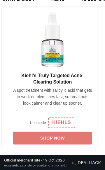 Screenshot of eCosmetics's website on Oct 19, 2026 showing the "Get Buy One, Get One Free on Kiehls Acne Solution" offer