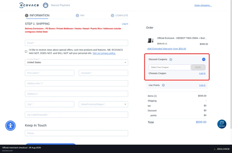Ecovacs checkout page showing the Select Your Coupon field and Apply button