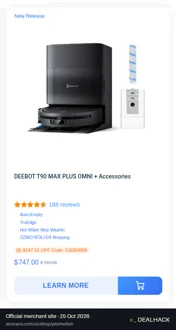 Screenshot of Ecovacs's website on Oct 25, 2026 showing the "Save $147.01 on DEEBOT T90 MAX PLUS OMNI" offer