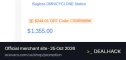 Screenshot of Ecovacs's website on Oct 25, 2026 showing the "Save $244.01 on DEEBOT X12S OmniCyclone Kit" offer