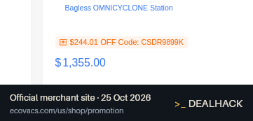 Screenshot of Ecovacs's website on Oct 25, 2026 showing the "Save $244.01 on DEEBOT X12S OmniCyclone Kit" offer