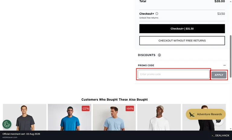 Eddie Bauer checkout page showing the Enter promo code field and Apply button