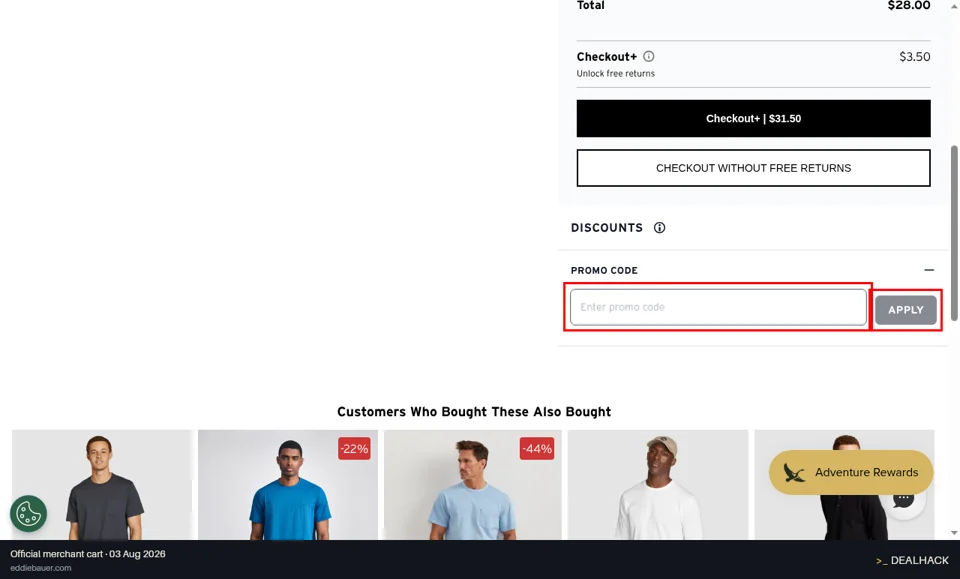 Eddie Bauer checkout page showing the Enter promo code field and Apply button