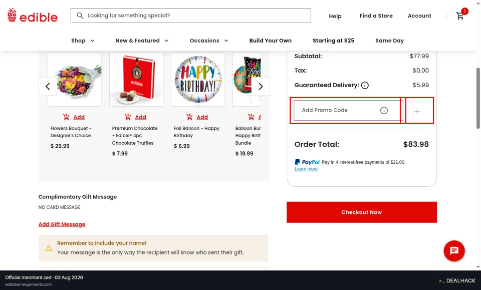 Edible Arrangements checkout page showing the Add Promo Code field and Apply button