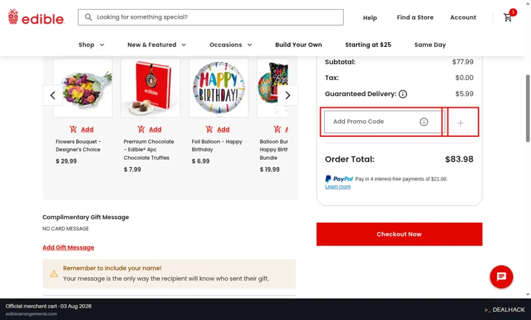 Edible Arrangements checkout page showing the Add Promo Code field and Apply button