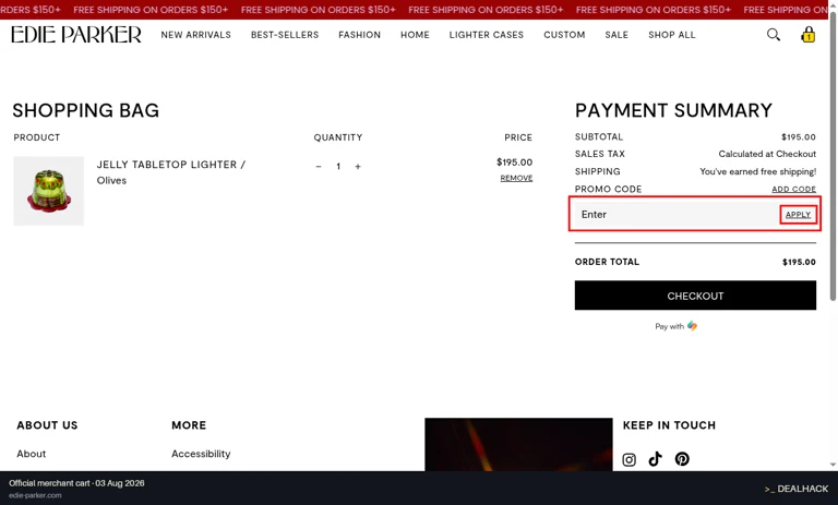 Edie Parker checkout page showing the Enter field and Apply button