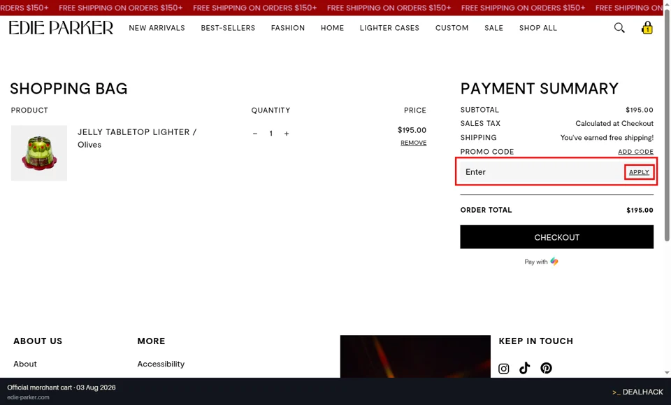 Edie Parker checkout page showing the Enter field and Apply button