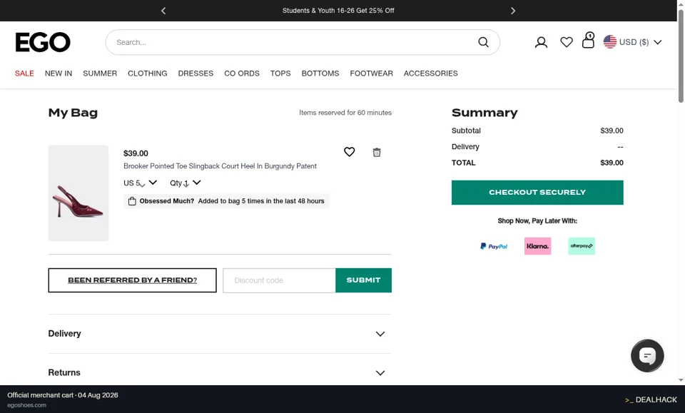Ego Shoes checkout page showing the Discount code field and SUBMIT button