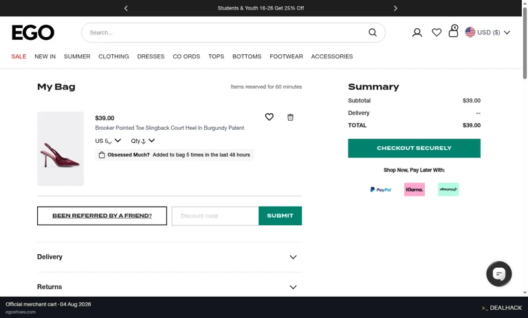 Ego Shoes checkout page showing the Discount code field and SUBMIT button
