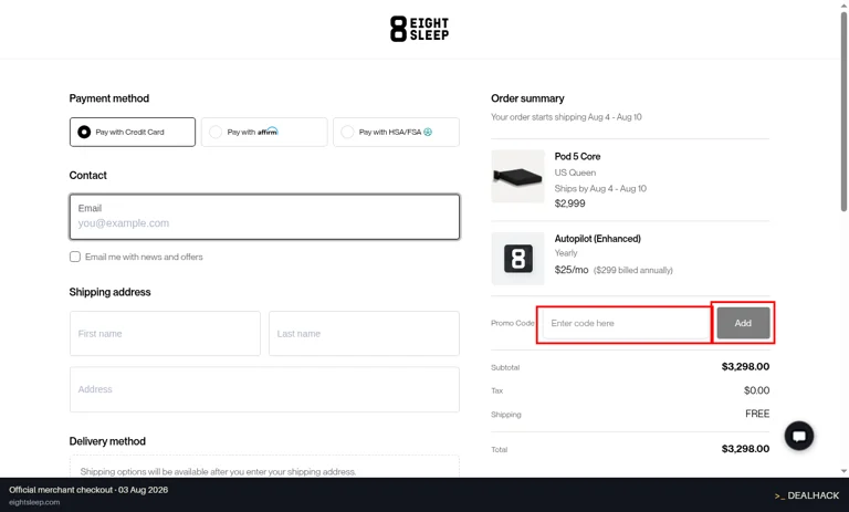 Eight Sleep checkout page showing the Enter code here field and Add button