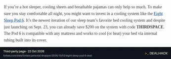 Screenshot of forbes.com listing a Eight Sleep coupon on Oct 22, 2026 showing the "$200 Off the Pod 6 at Eight Sleep" offer