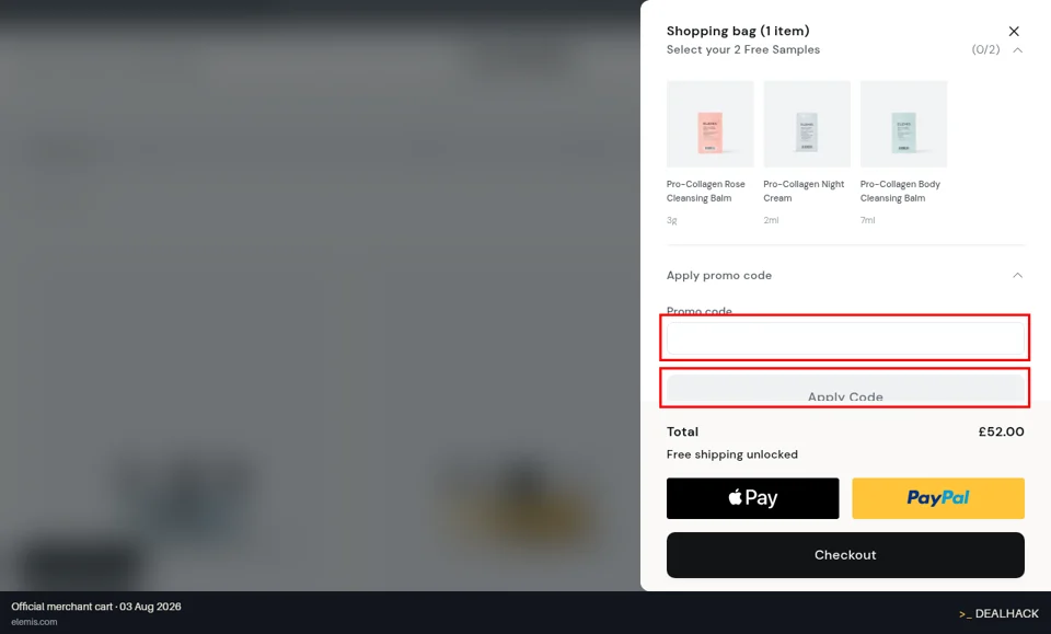 Elemis checkout page showing the Promo code field and Apply Code button