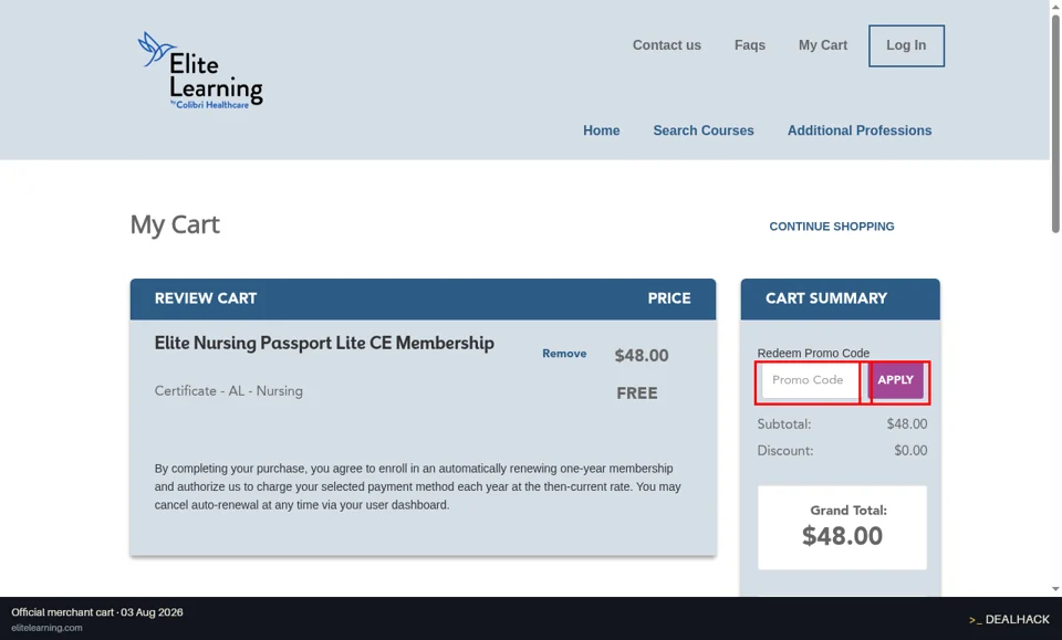 Elite Learning checkout page showing the Promo Code field and APPLY button