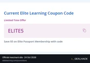 Screenshot of Elite Learning's website on Oct 24, 2026 showing the "Save $5 on an Elite Passport Membership" offer