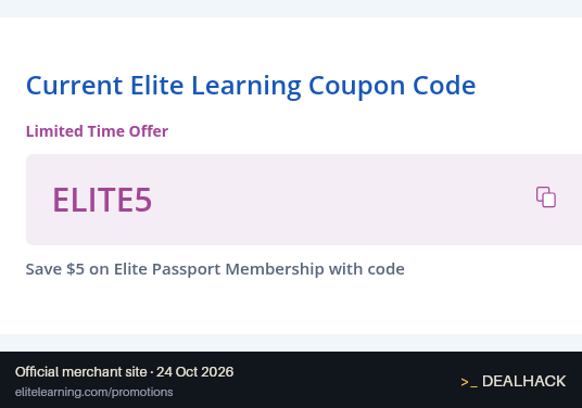 Screenshot of Elite Learning's website on Oct 24, 2026 showing the "Save $5 on an Elite Passport Membership" offer