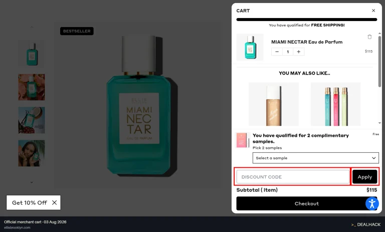 Ellis Brooklyn checkout page showing the Discount code field and Apply button