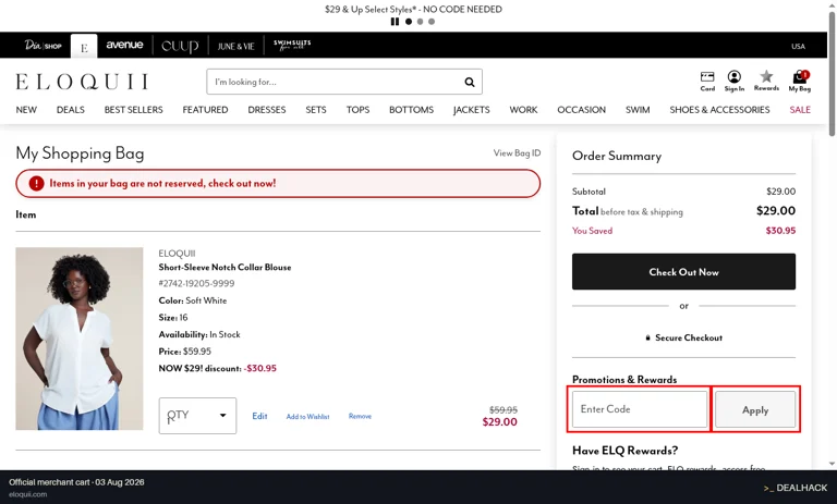 ELOQUII checkout page showing the Enter Code field and Apply button