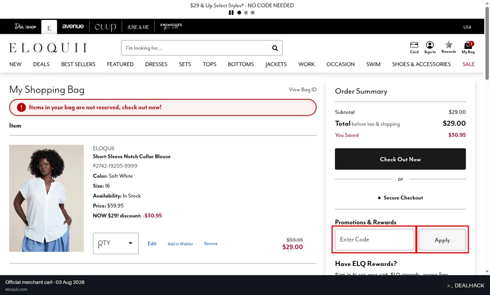 ELOQUII checkout page showing the Enter Code field and Apply button