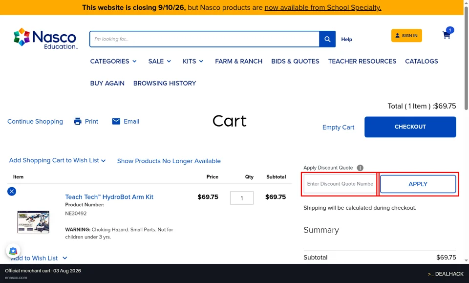 Nasco Education checkout page showing the Enter Discount Quote Number field and Apply button