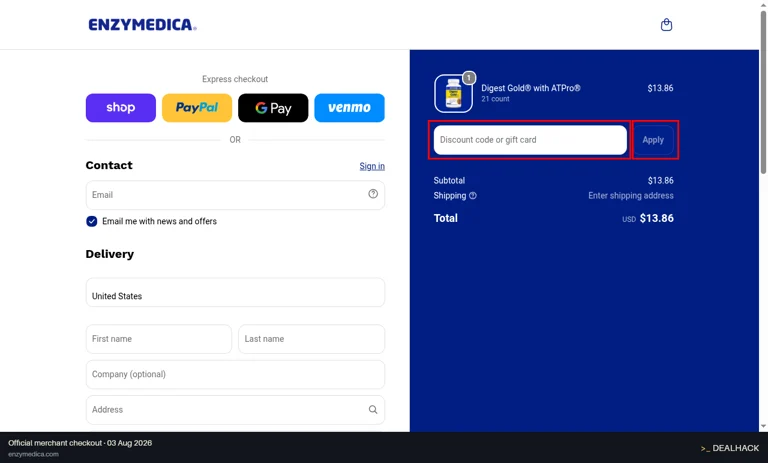Enzymedica checkout page showing the Discount code or gift card field and Apply button