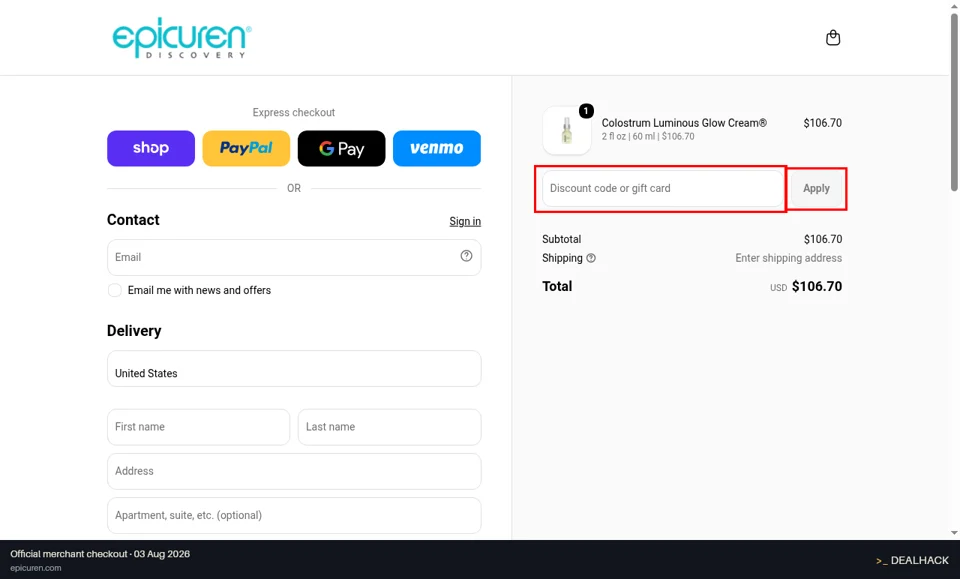 Epicuren Discovery checkout page showing the Discount code or gift card field and Apply button