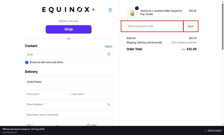 Equinox+ checkout page showing the Enter your promo code field and Apply button