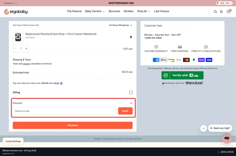 Ergobaby checkout page showing the Discount code field and Apply button