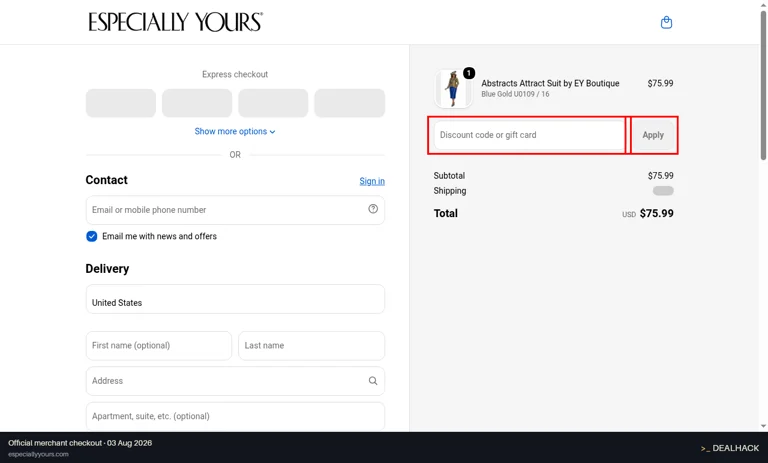 Especially Yours checkout page showing the Discount code or gift card field and Apply button