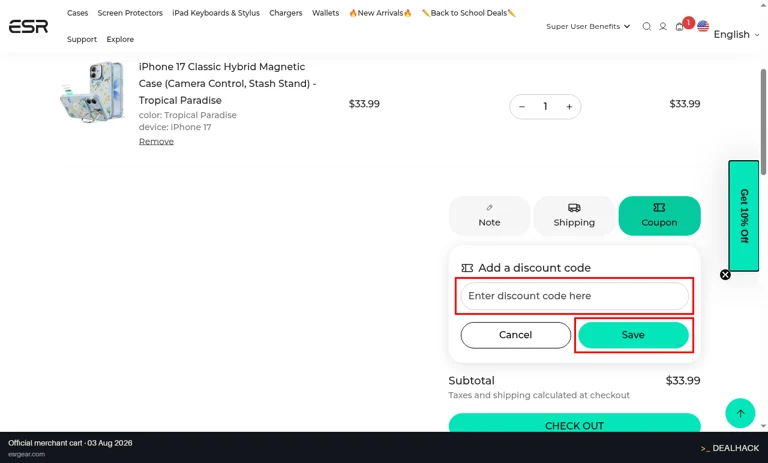 ESR Gear checkout page showing the Enter discount code here field and Save button