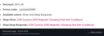 Screenshot of macsources.com listing a ESR Gear coupon on Oct 19, 2026 showing the "Save 20% on Cyclone 25W Magnetic Charging Pad" offer