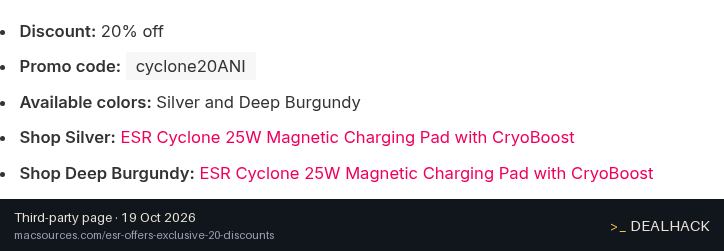 Screenshot of macsources.com listing a ESR Gear coupon on Oct 19, 2026 showing the "Save 20% on Cyclone 25W Magnetic Charging Pad" offer