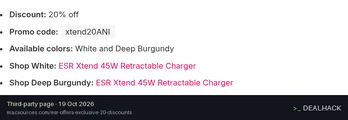 Screenshot of macsources.com listing a ESR Gear coupon on Oct 19, 2026 showing the "Save 20% on Xtend 45W Retractable Charger" offer