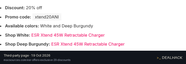Screenshot of macsources.com listing a ESR Gear coupon on Oct 19, 2026 showing the "Save 20% on Xtend 45W Retractable Charger" offer