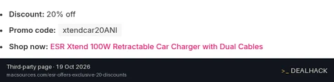 Screenshot of macsources.com listing a ESR Gear coupon on Oct 19, 2026 showing the "Save 20% on Xtend 100W Retractable Car Charger" offer