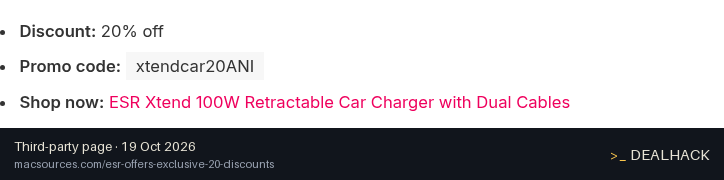 Screenshot of macsources.com listing a ESR Gear coupon on Oct 19, 2026 showing the "Save 20% on Xtend 100W Retractable Car Charger" offer