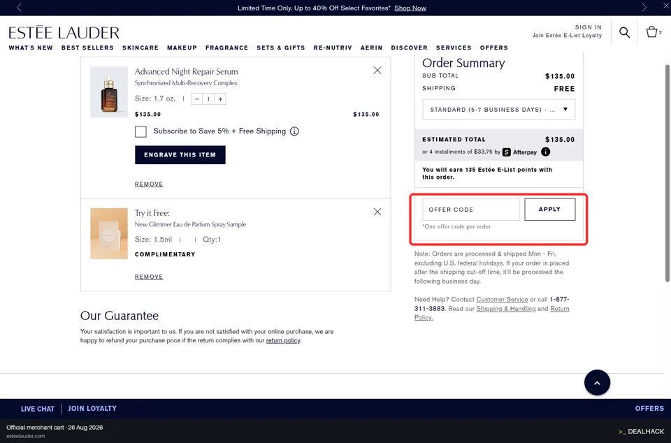 Estée Lauder checkout page showing the OFFER CODE field and APPLY button