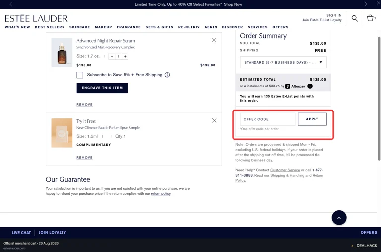 Estée Lauder checkout page showing the OFFER CODE field and APPLY button
