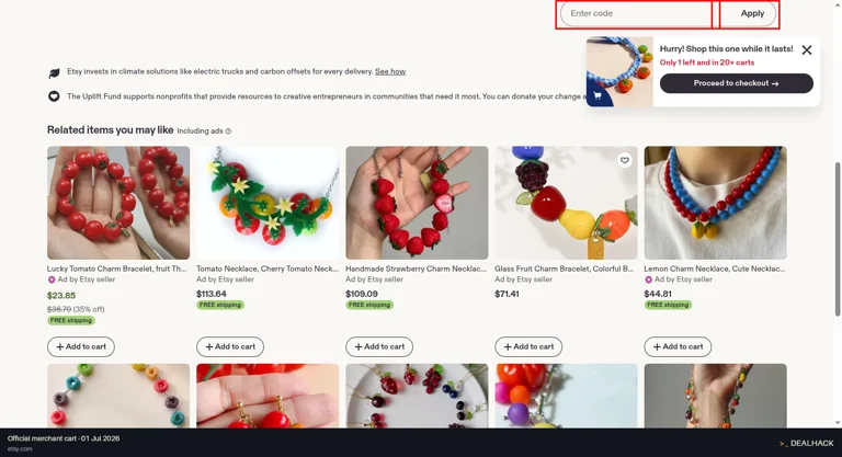 Etsy checkout page showing the Apply coupon code field and Apply button