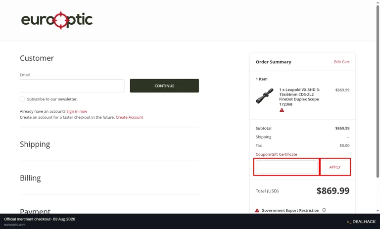 EuroOptic checkout page showing the Gift Certificate or Coupon Code field and Apply button